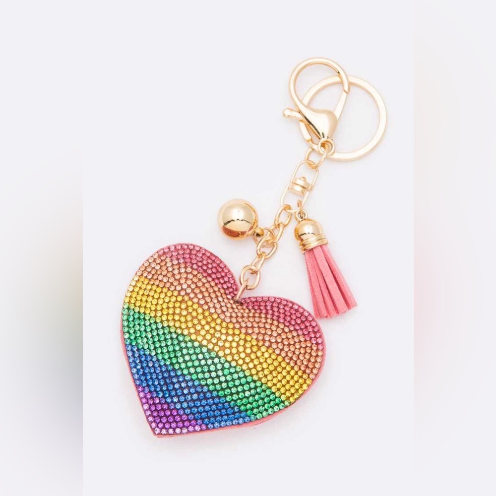 Rainbow Heart Rhinestone Pillow Keychain